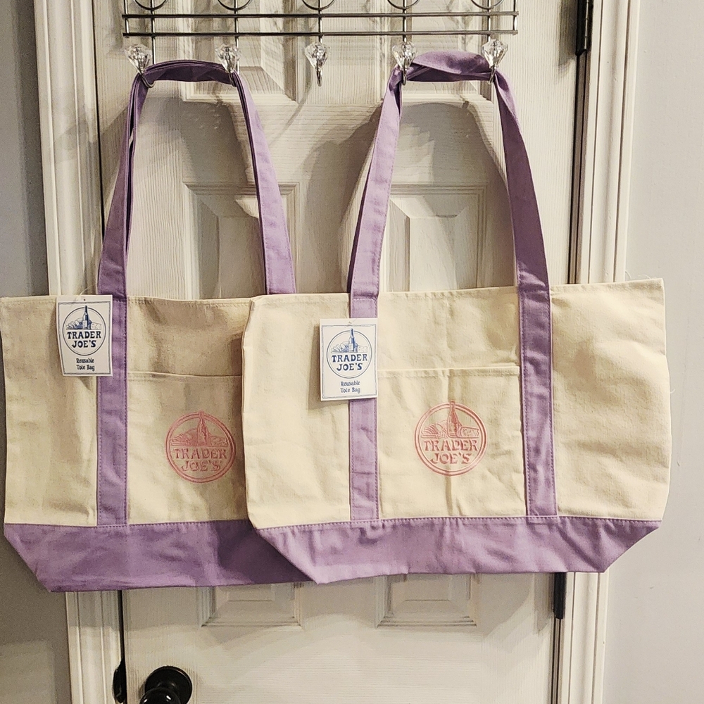 NWT, 2 LARGE Lavender Trader Joe's Canvas Tote Bags SAME DAY/NEXT DAY  SHIPPING